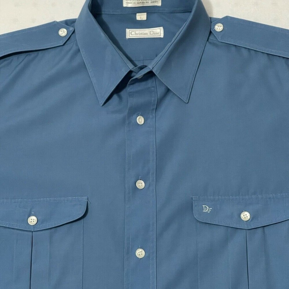 Mens Christian Dior Blue Monogramed Button Down Dress Shirt Large - Picture 9 of 11